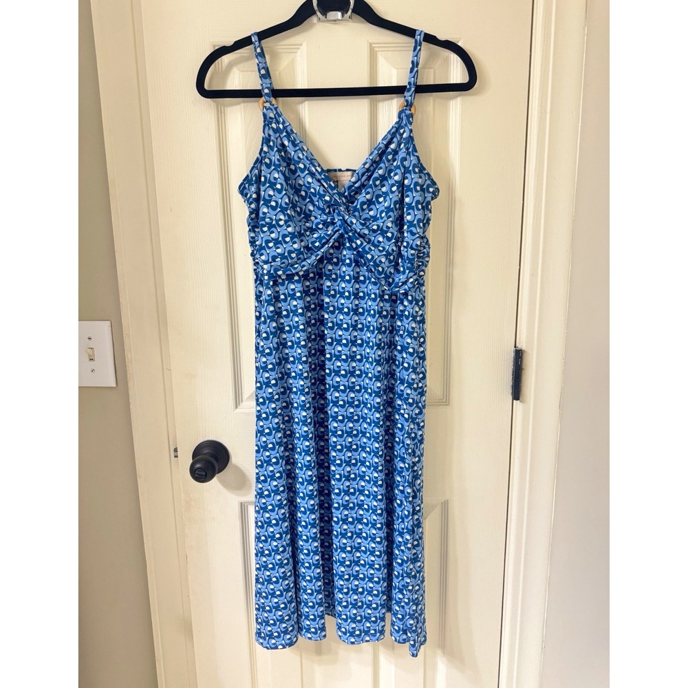 Jonathan Martin Blue/White Geometric V-Neck Spaghetti Strap Knit Sundress 16